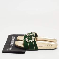 Prada Green/Gold Velvet And Leather Buckle Detail Slides Sizes 39.5