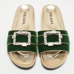 Prada Green/Gold Velvet And Leather Buckle Detail Slides Sizes 39.5