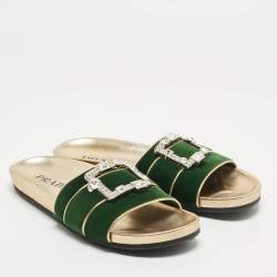 Prada Green/Gold Velvet And Leather Buckle Detail Slides Sizes 39.5