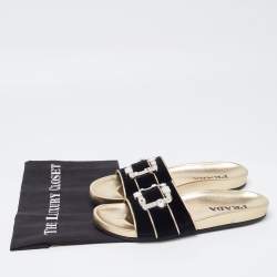 Prada Black Velvet Embellished Buckle Slides Size 39.5 