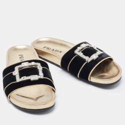 Prada Black Velvet Embellished Buckle Slides Size 39.5 