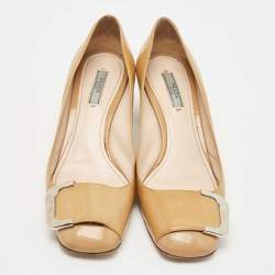 Pre Owned Prada Beige Patent Leather Block Heel Square Toe Pumps Size 38