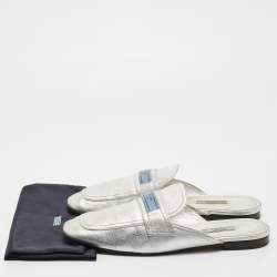 Pre Owned Prada Silver Leather Flat Mules Size 41