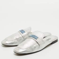 Pre Owned Prada Silver Leather Flat Mules Size 41
