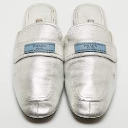 Pre Owned Prada Silver Leather Flat Mules Size 41