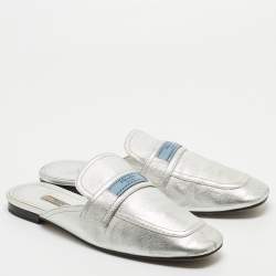 Pre Owned Prada Silver Leather Flat Mules Size 41
