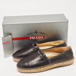 Pre Owned Prada Black Leather Bow Espadrille Flats Size 38.5