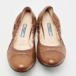 Pre Owned Prada Brown Leather Scrunch Ballet Flats Size 38.5 