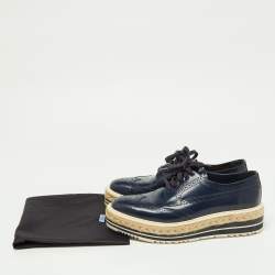 Prada Blue Brogue Leather Wingtip Platform Espadrille Oxfords Size 39.5