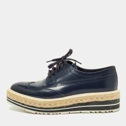 Prada Blue Brogue Leather Wingtip Platform Espadrille Oxfords Size 39.5