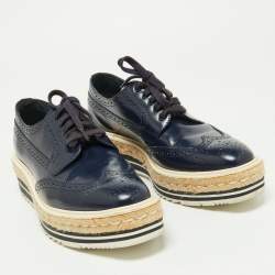 Prada Blue Brogue Leather Wingtip Platform Espadrille Oxfords Size 39.5