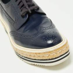 Prada Blue Brogue Leather Wingtip Platform Espadrille Oxfords Size 39.5