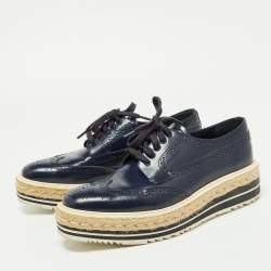 Prada Blue Brogue Leather Wingtip Platform Espadrille Oxfords Size 39.5