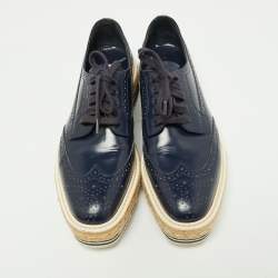 Prada Blue Brogue Leather Wingtip Platform Espadrille Oxfords Size 39.5