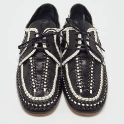 Pre Owned Prada Black/White Woven Leather Boat Shoes Size 39.5