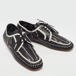 Pre Owned Prada Black/White Woven Leather Boat Shoes Size 39.5