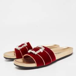 Pre Owned Prada Red Velvet Crystal Embellished Buckle Slides Size 39.5