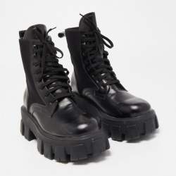 Pre Owned Prada Black Leather and Nylon Combat Boots Size 40