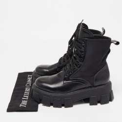 Pre Owned Prada Black Leather and Nylon Combat Boots Size 40
