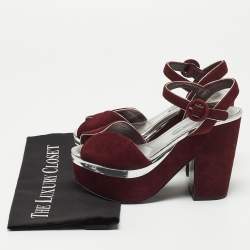 Prada Burgundy Suede Platform Block Heels Ankle Strap Sandals Size 36