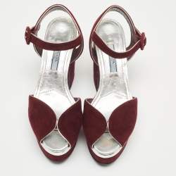 Prada Burgundy Suede Platform Block Heels Ankle Strap Sandals Size 36