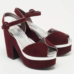 Prada Burgundy Suede Platform Block Heels Ankle Strap Sandals Size 36
