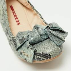 Pre Owned Prada Blue Python Embossed Leather Scrunch Bow Ballet Flats Size 37.5