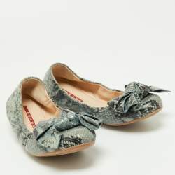 Pre Owned Prada Blue Python Embossed Leather Scrunch Bow Ballet Flats Size 37.5