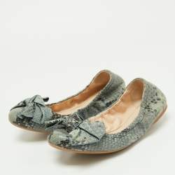 Pre Owned Prada Blue Python Embossed Leather Scrunch Bow Ballet Flats Size 37.5