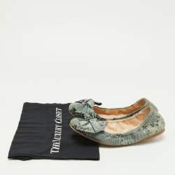 Pre Owned Prada Blue Python Embossed Leather Scrunch Bow Ballet Flats Size 37.5