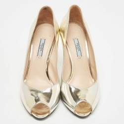 Prada Metallic Gold Leather Peep Toe Pumps Size 39