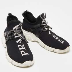 Pre Owned Prada Black Knit Fabric and Leather Logo Low Top Sneakers Size 38