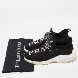 Pre Owned Prada Black Knit Fabric and Leather Logo Low Top Sneakers Size 38