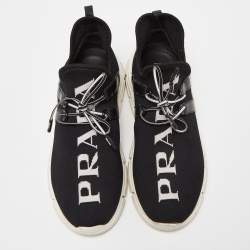 Pre Owned Prada Black Knit Fabric and Leather Logo Low Top Sneakers Size 38