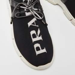 Pre Owned Prada Black Knit Fabric and Leather Logo Low Top Sneakers Size 38