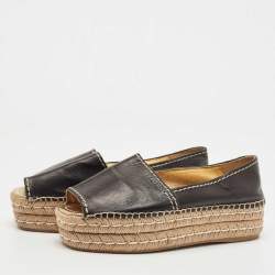 Pre Owned Prada Black Leather Peep Toe Platform Espadrille Flats Size 39.5