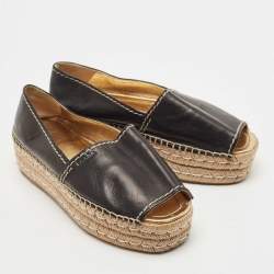Pre Owned Prada Black Leather Peep Toe Platform Espadrille Flats Size 39.5