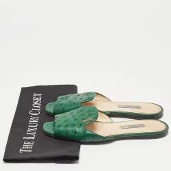 Pre Owned Prada Green Ostrich Leather Flat Slides Size 38