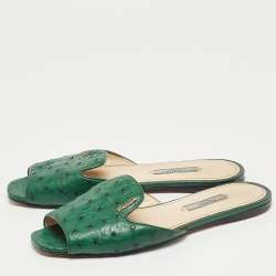 Pre Owned Prada Green Ostrich Leather Flat Slides Size 38