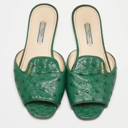 Pre Owned Prada Green Ostrich Leather Flat Slides Size 38
