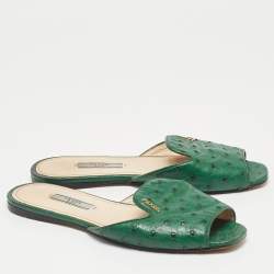 Pre Owned Prada Green Ostrich Leather Flat Slides Size 38