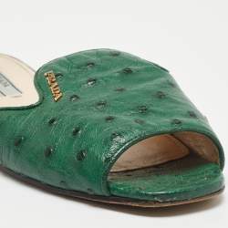 Pre Owned Prada Green Ostrich Leather Flat Slides Size 38
