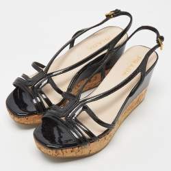 Pre Owned Prada Black Patent Leather Wedge Platform Slingback Sandals Size 35