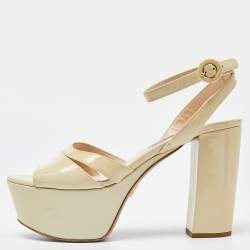 Prada Beige Patent Leather Platform Ankle Strap Sandals Size 39.5