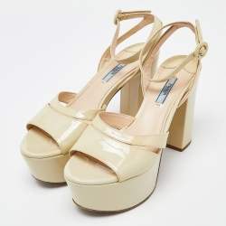 Prada Beige Patent Leather Platform Ankle Strap Sandals Size 39.5