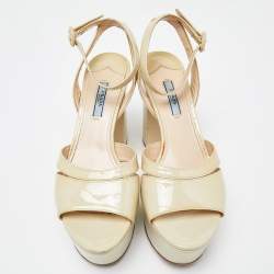 Prada Beige Patent Leather Platform Ankle Strap Sandals Size 39.5