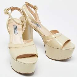 Prada Beige Patent Leather Platform Ankle Strap Sandals Size 39.5