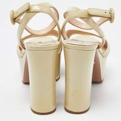 Prada Beige Patent Leather Platform Ankle Strap Sandals Size 39.5
