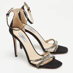 Prada Black Suede Crystals Embellished Ankle Strap Sandals Size 38.5