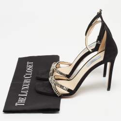 Prada Black Suede Crystals Embellished Ankle Strap Sandals Size 38.5